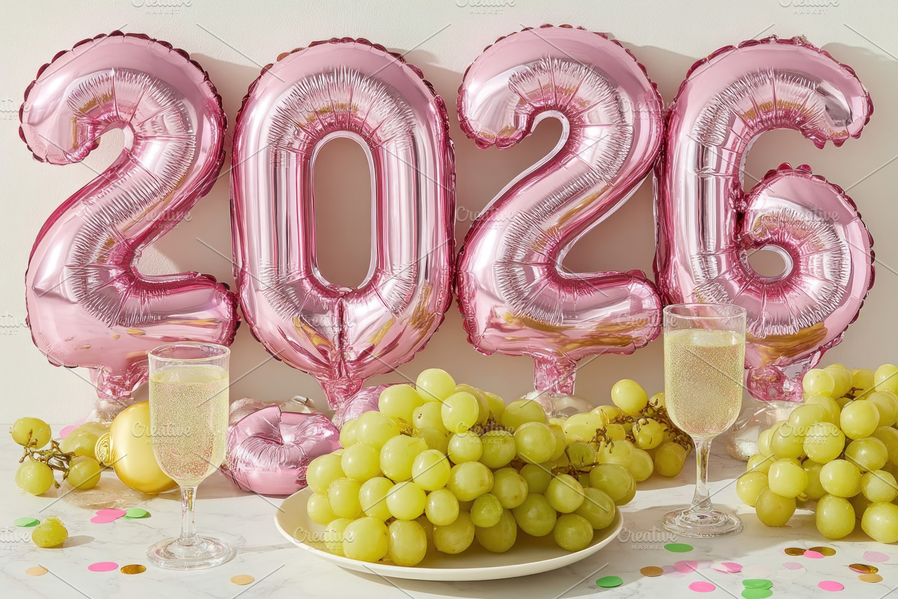 Pink 2026 balloons with green grapes, two sparkling wine glasses, a Holiday Photo by José Manuel Gelpi