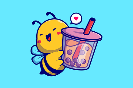 Cute Bee Holding Boba Milk Tea Drink, an Animal Illustration by Catalyst Labs
