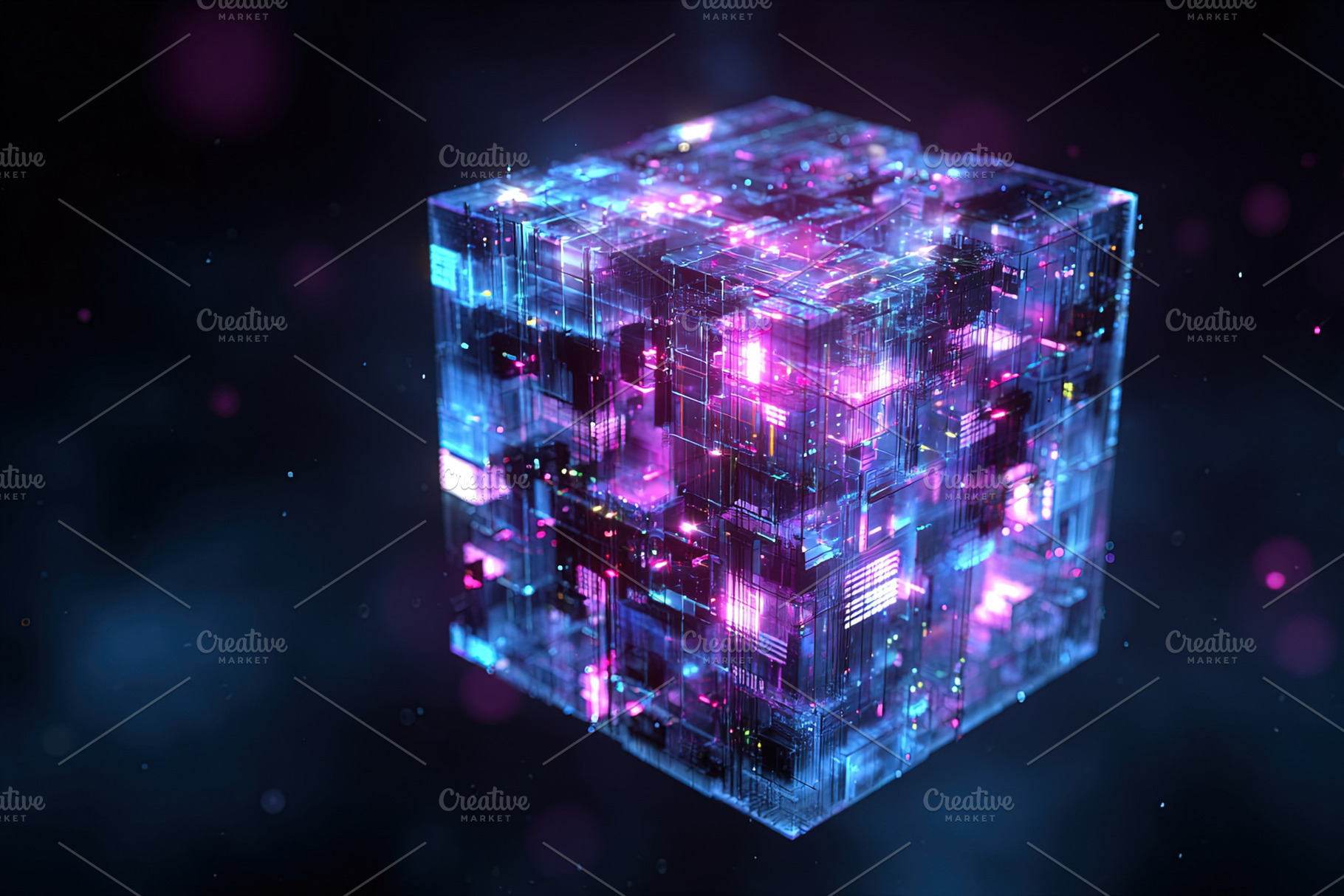 Glowing digital cube with vibrant neon blue and pink lights, flo, an Abstract Photo by Ales Munt