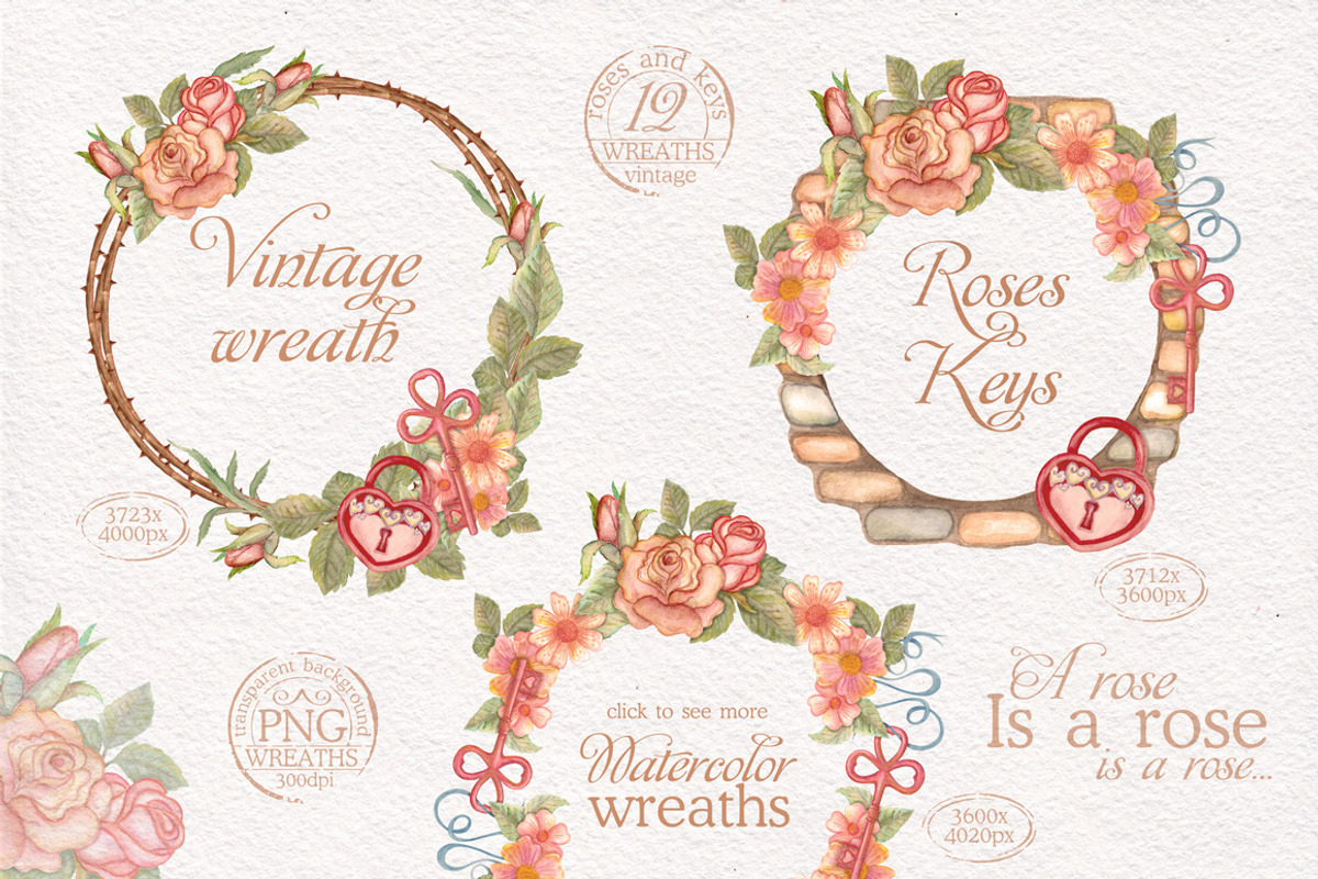 Watercolor wreaths set. Roses & keys, an Illustration by antuanetto (Photo 2 of 6)