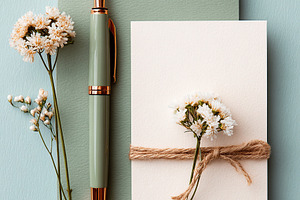 Flat lay of a simple ivory card tied with twine accompanied by a stylish pen an, a Photo by AlyaAnd