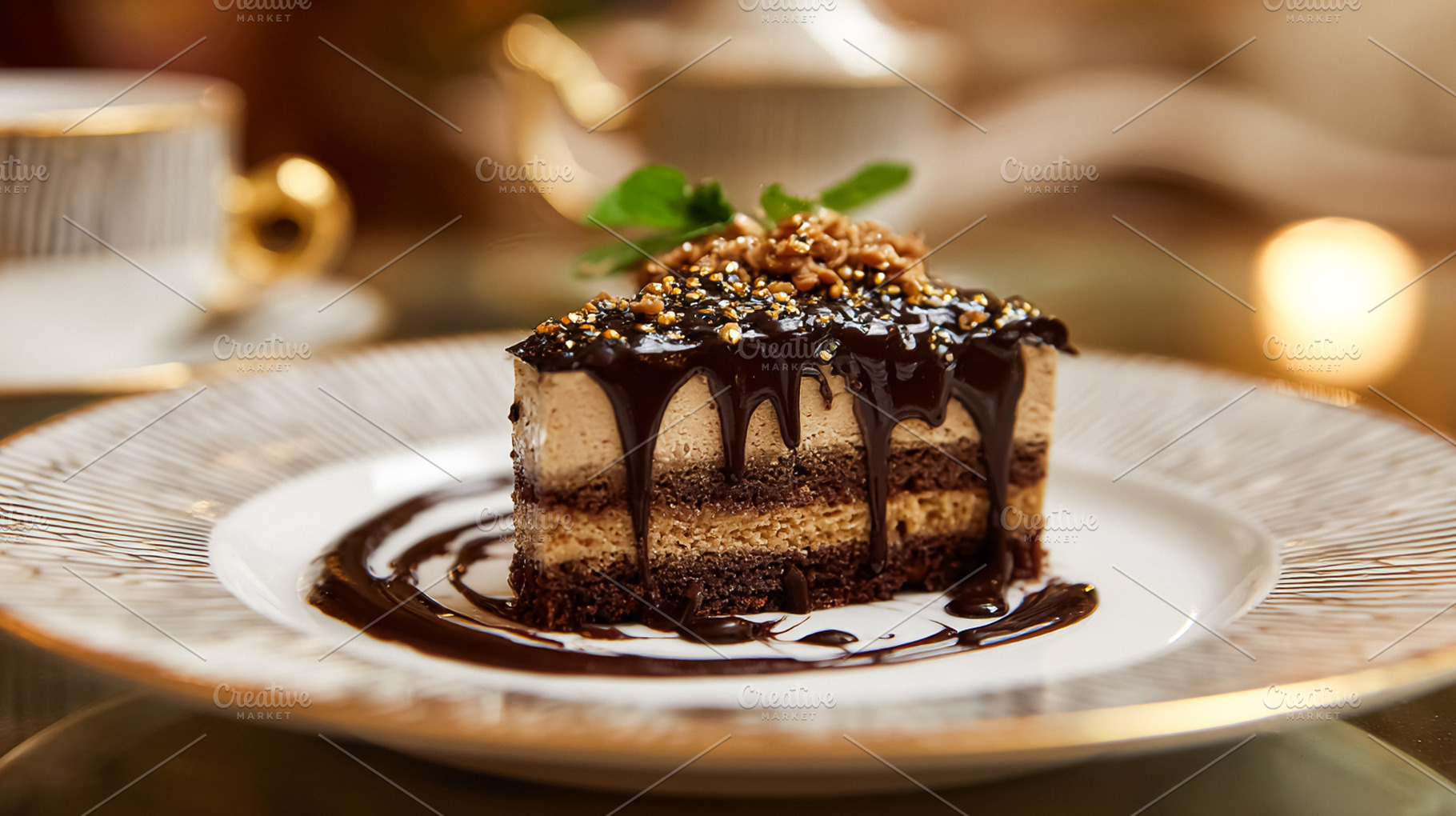 Layered chocolate cake with dripping sauce and nuts, serving des, a Photo by Studio ANNA