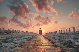 Sunset at the end of the road with a lone suitcase on a stone boardwalk, a Photo by AS photostudio