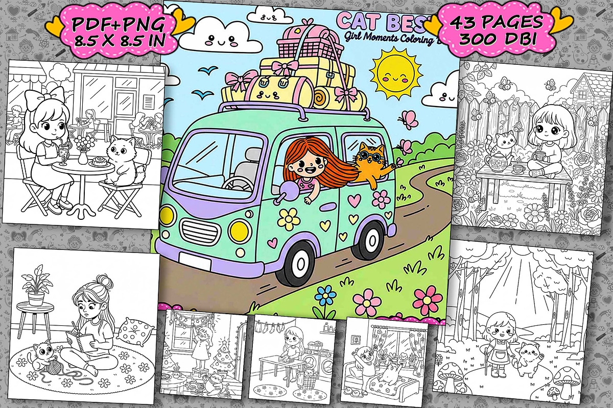 Cat Bestie Coloring Book Pages, an Illustration by one-touch (Photo 1 of 15)