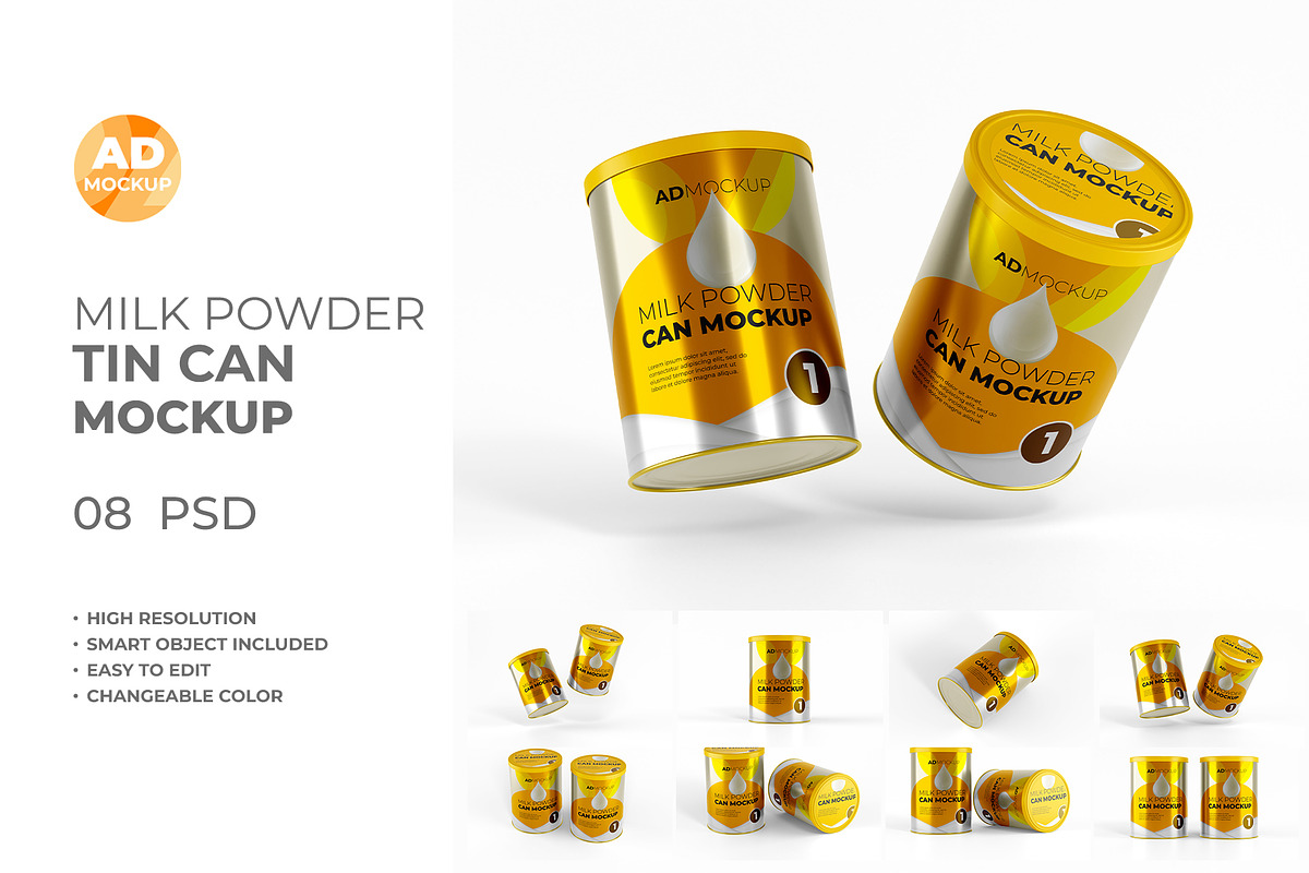 Food & Milk Powder Tin Can Mockup, a Packaging Mockup by Adstart (Photo 1 of 8)
