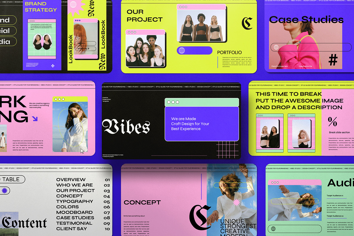 VIBES Neo Gothic Brand Google Slides, a Presentation Template by Dirtytemp Studio (Photo 1 of 11)