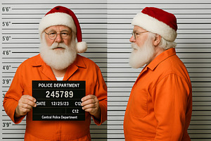 Santa Claus mugshot in prison wearing orange jumpsuit and hat, a Holiday Photo by GoodGoods