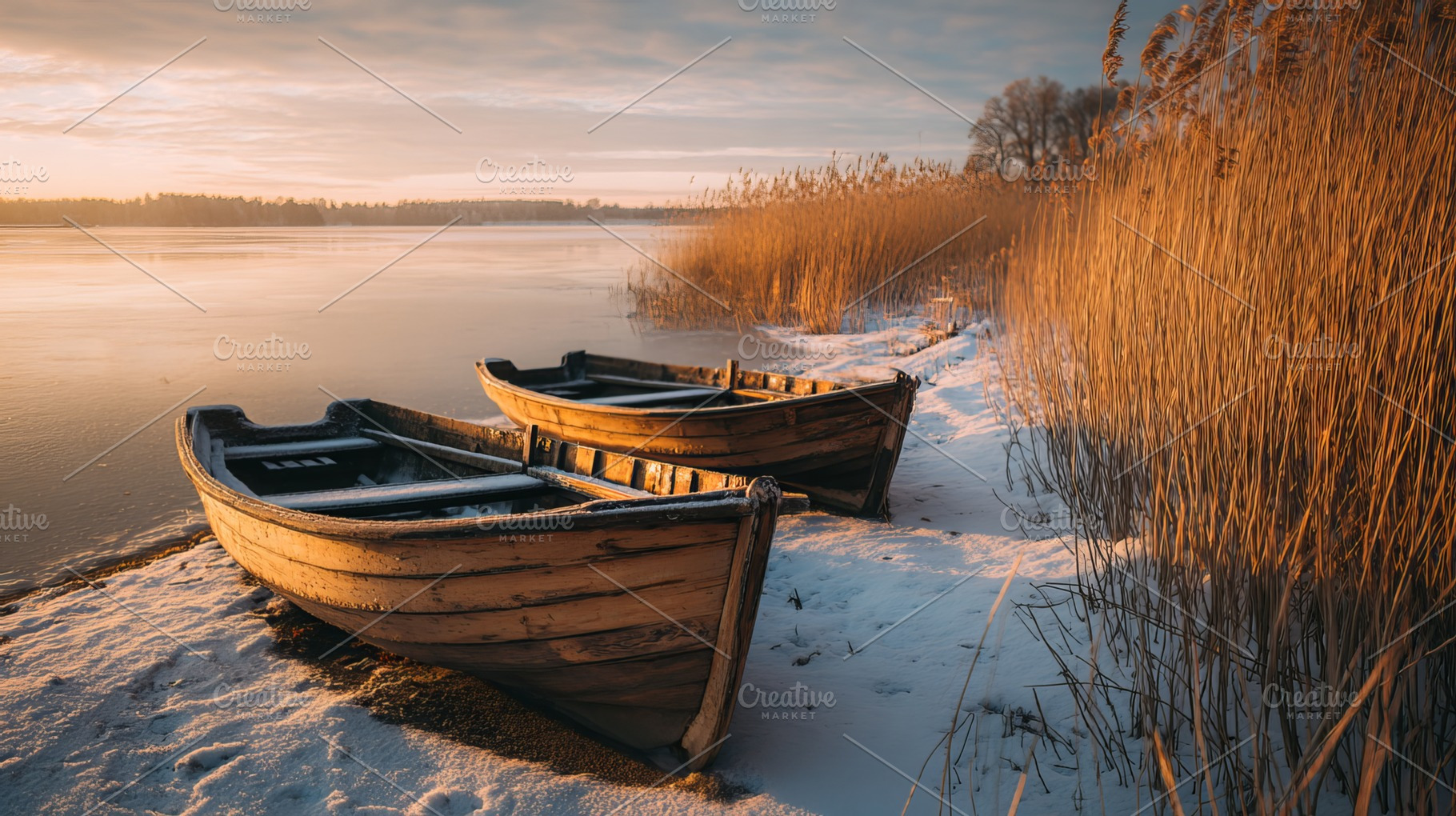 Winter Lakeside Boats, a Nature Photo by Design Store