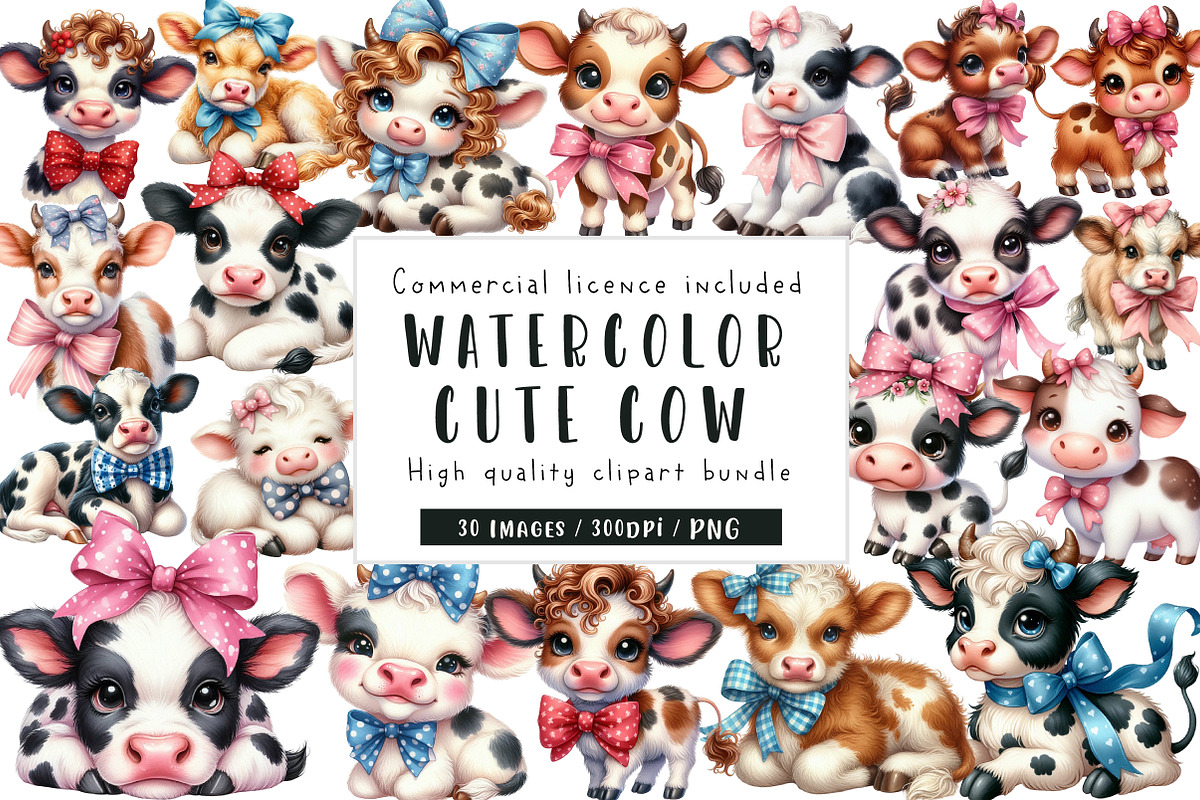 Cute Baby Cow Watercolor Clipart, an Illustration by CreationArt (Photo 1 of 6)