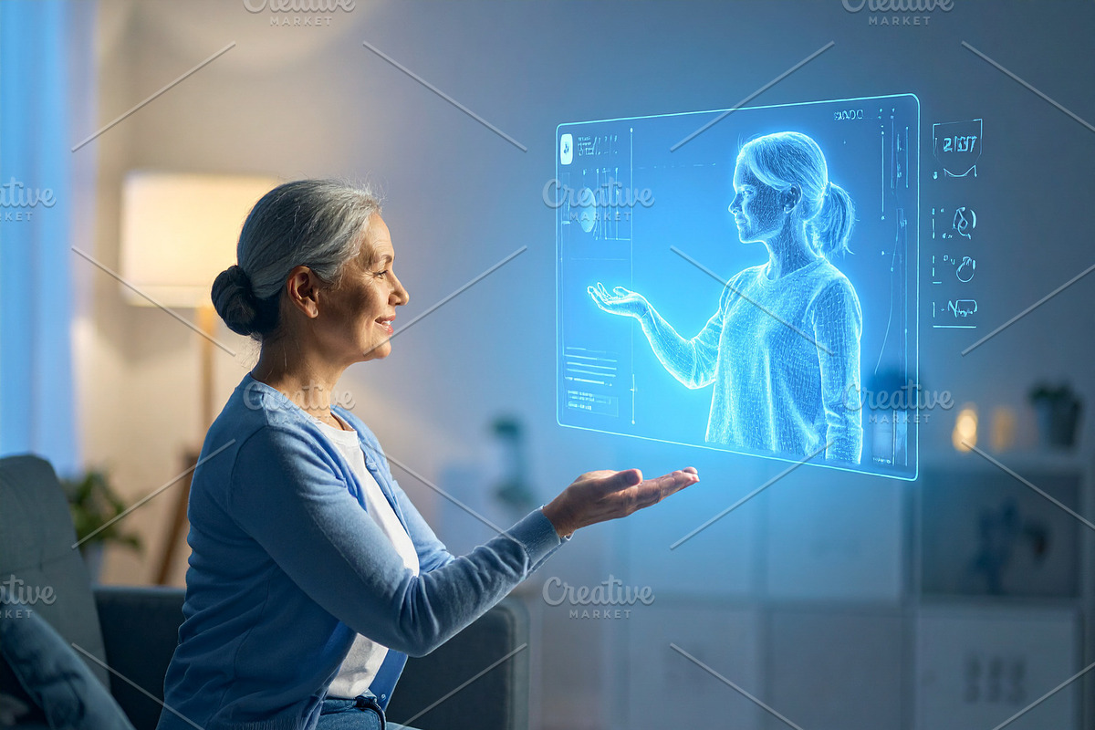 Mature woman gazes at a softly glowing hologram with human body, a Technology Illustration by DanFLCreativo