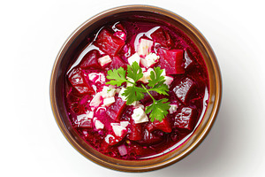 Flat lay of bowl of beet root soup borsch on white background, a Food & Drink Photo by AlyaAnd