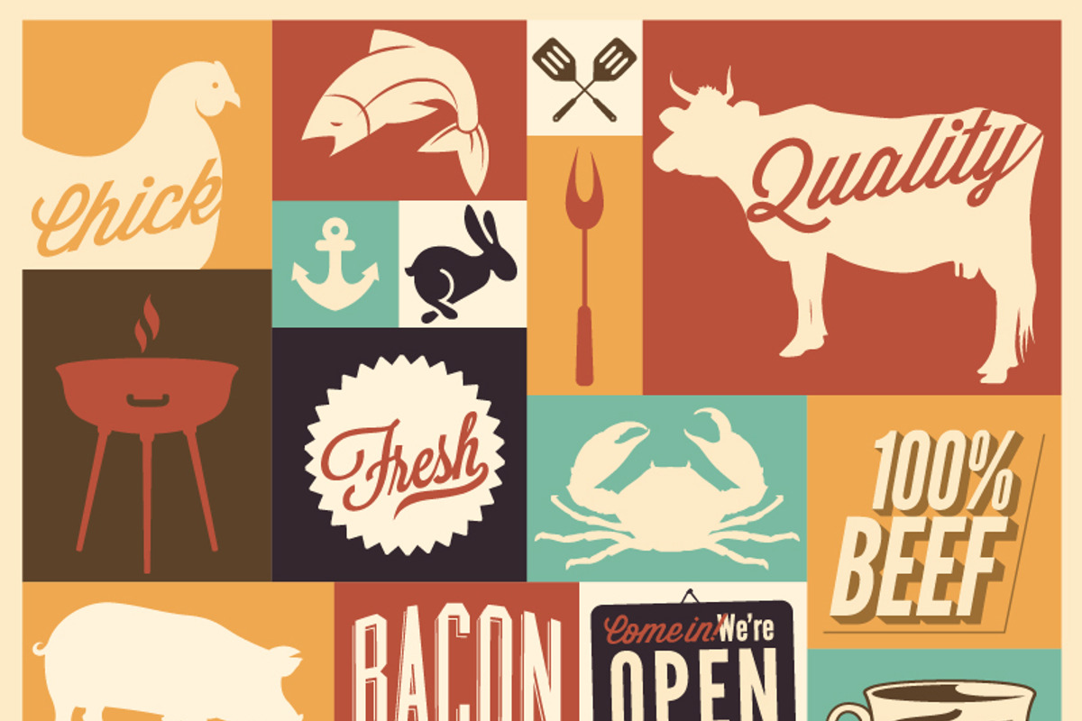 Retro, vintage bbq icons, labels, a Food Illustration by Noka Studio