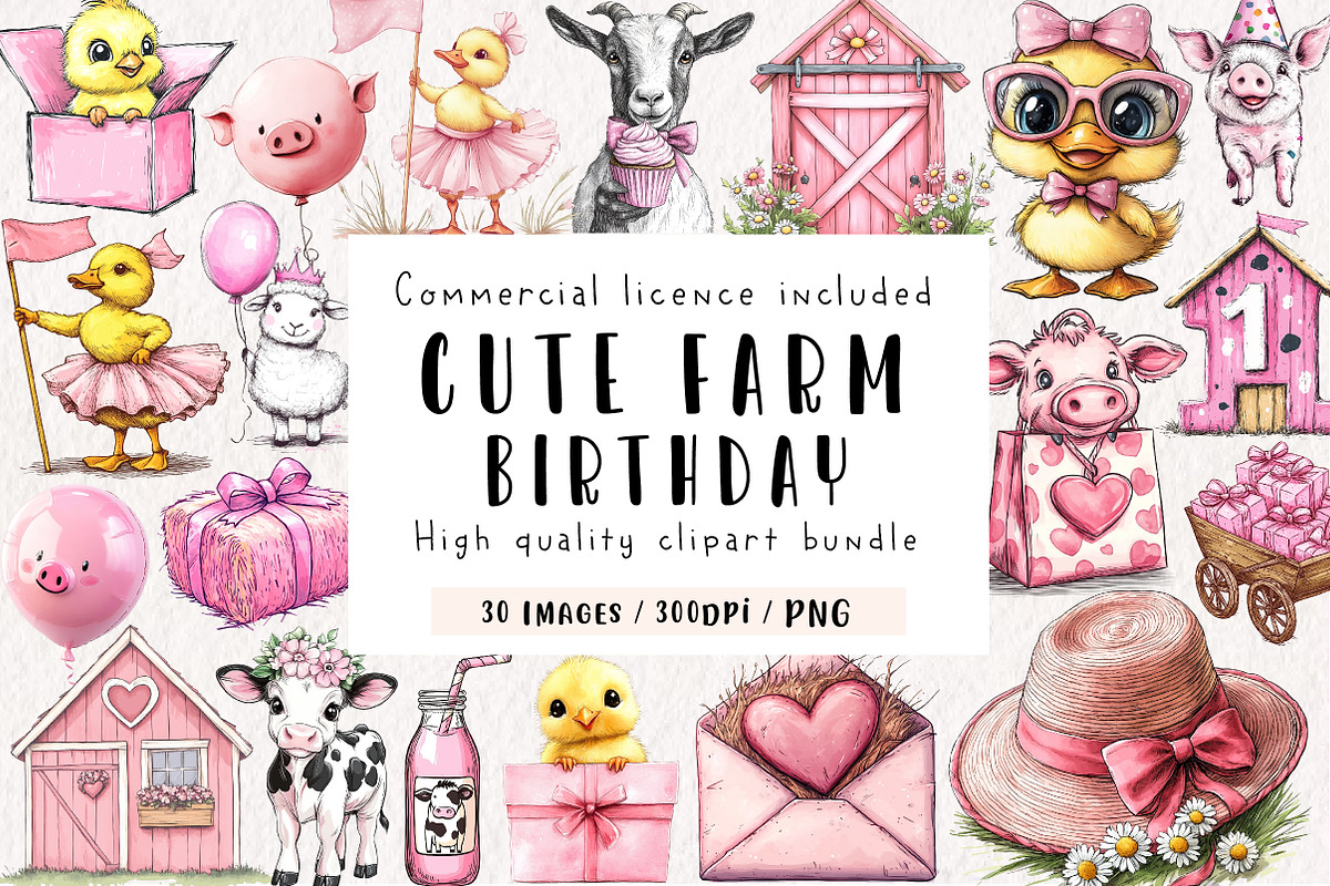 watercolor Cute Farm Birthday, an Illustration by CreationArt (Photo 1 of 9)
