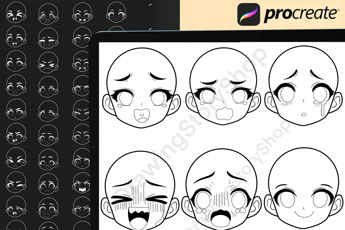200 Procreate head chibi emote brush, a Brush Add-On by DrawingStoryShop