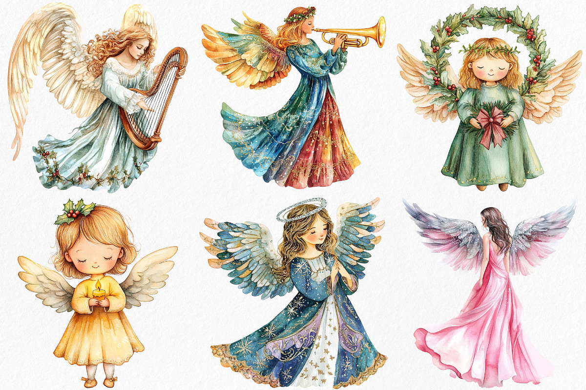 Watercolor Christmas Angel Clipart, an Illustration by Canvas Craft (Photo 3 of 7)