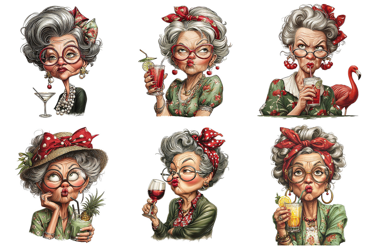 Funny Senior Lady Drinking Cocktail, an Illustration by Craft Nest (Photo 3 of 9)
