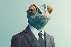 Chameleon dressed in a stylish suit, a Photo by Pavel_design