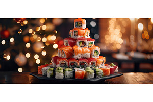 Festive sushi platter shaped like, a Holiday Photo by piter.goskov