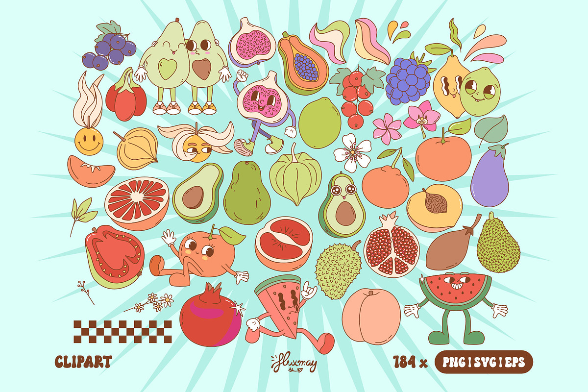 Groovy Retro Fruit Characters bundle, a Food Illustration by Huxmay (Photo 4 of 7)