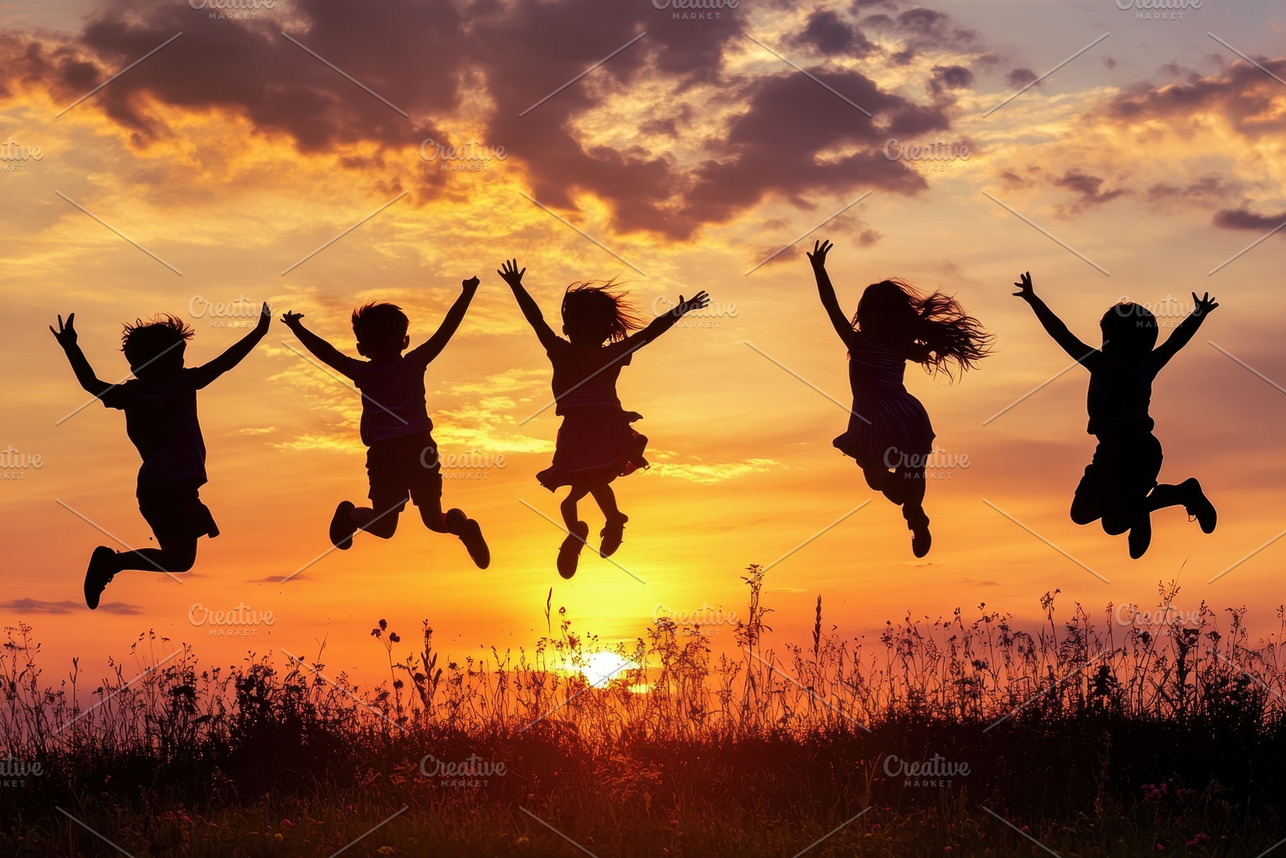 Children jump joyfully at sunset, a Photo by Pavel_design