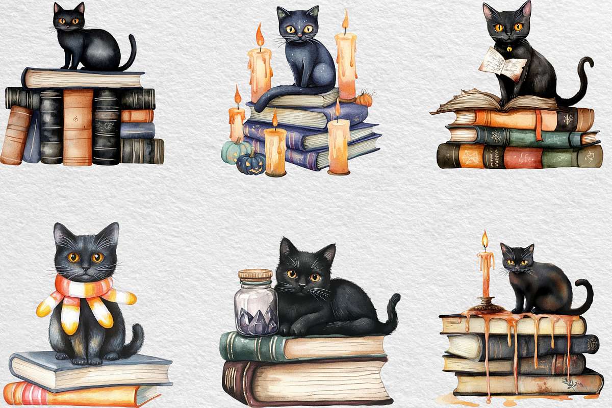 Halloween Black Cat On Books Clipart, an Illustration by Black Bird Studio (Photo 4 of 6)