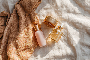 Luxury skincare products arranged on soft linen fabric for an elegant setting, a Health & Medical Photo by AlyaAnd