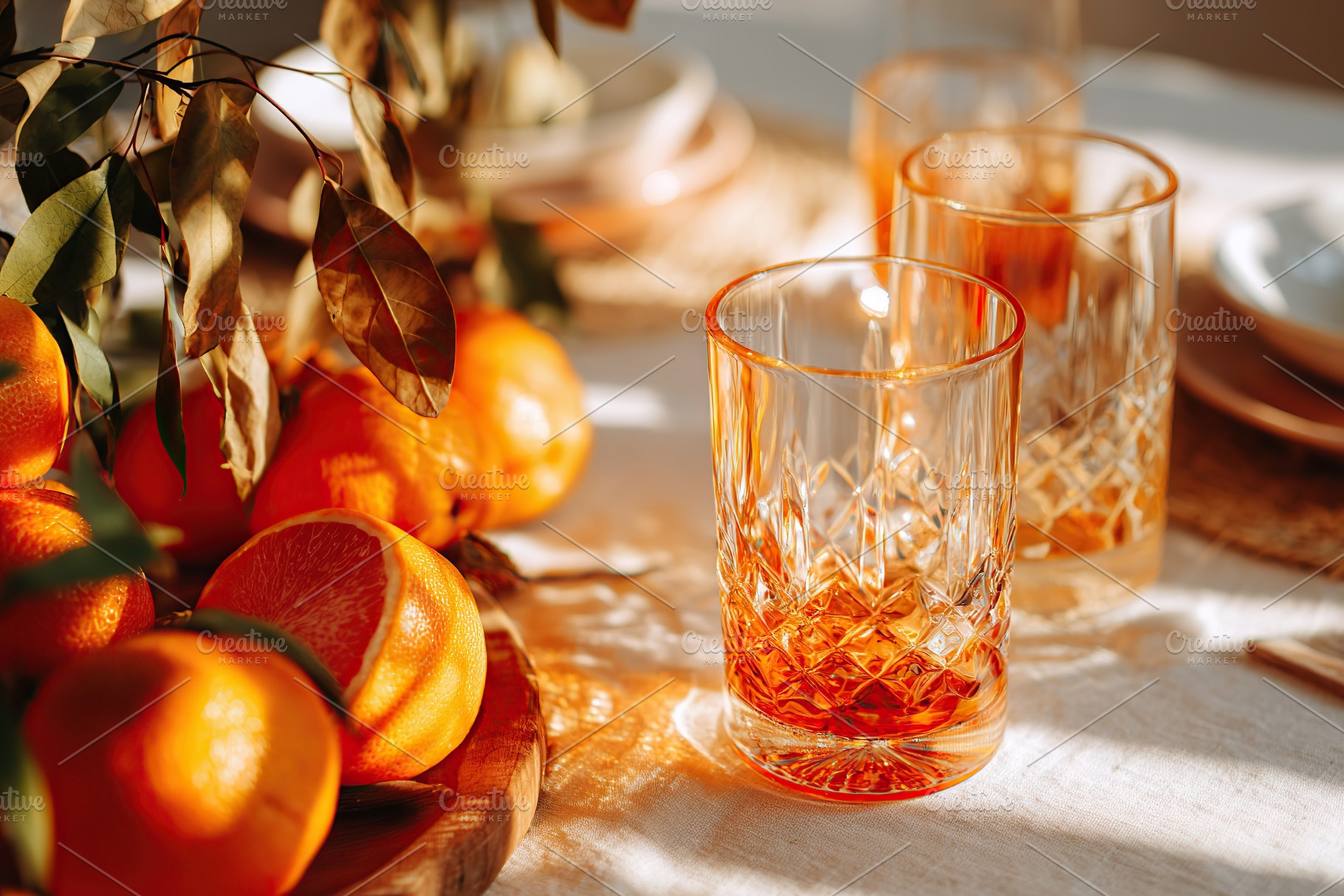 Bright citrus summer brunch setting featuring vibrant glassware and fresh fruit, a Food & Drink Photo by AlyaAnd