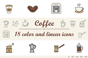 Coffee Linear And Color 18 Icons