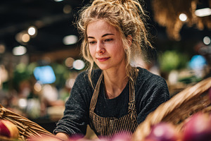 Young woman working at a grocery sto, a Photo by Pixeness Studio