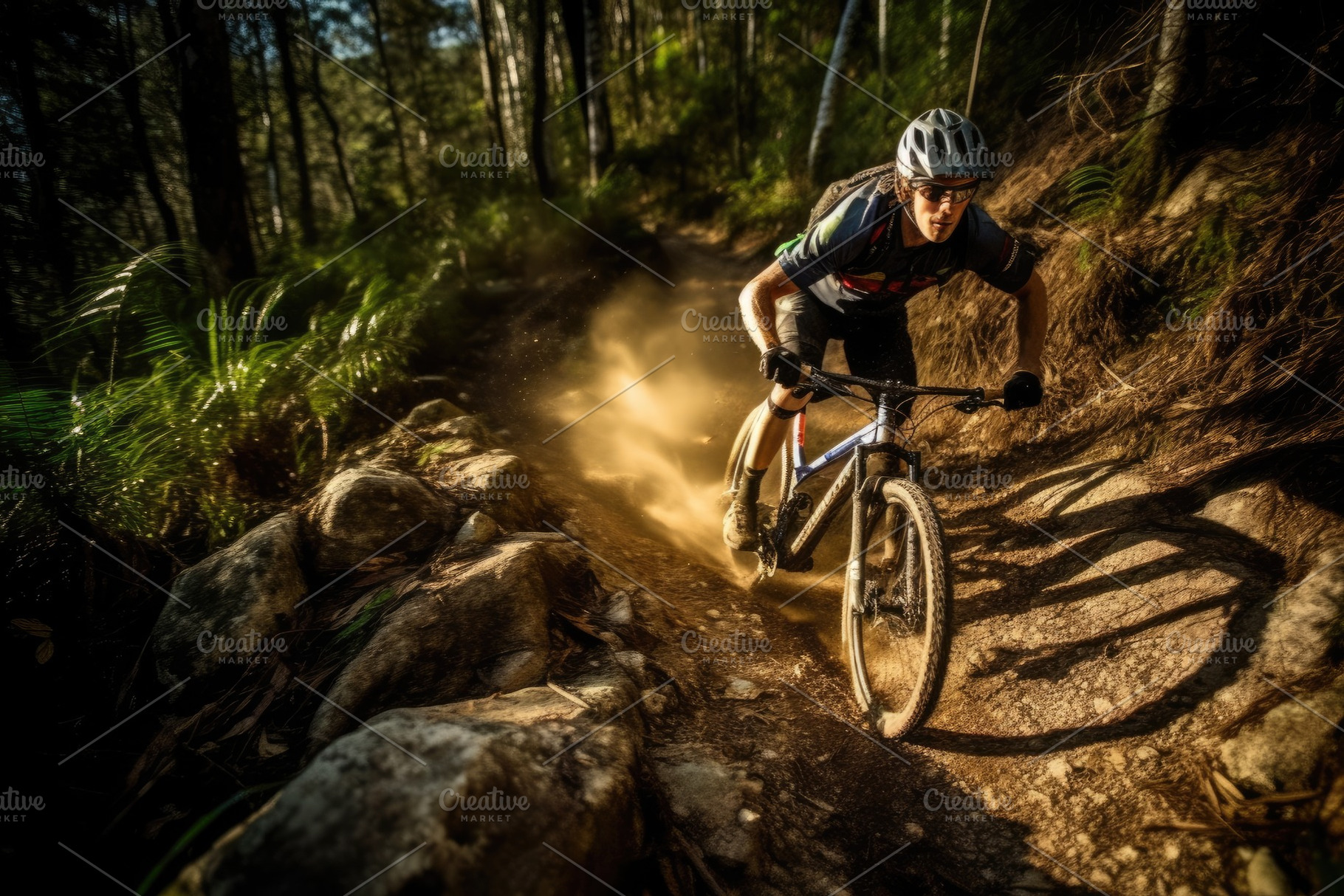 An action shot of a mountain biker speeding downhill on a rugged, a Sports & Recreation Photo by designvectx