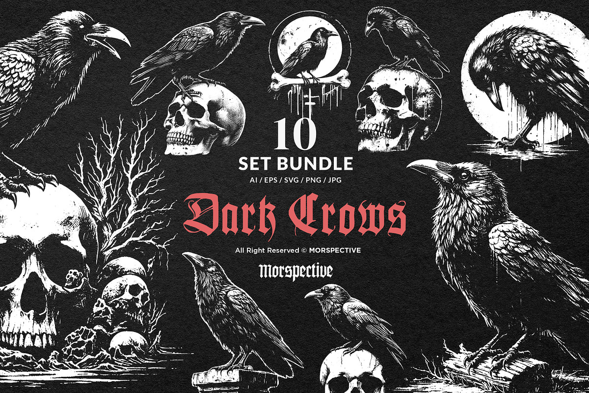 10 Bundle Dark Art Crows Raven Bird, an Animal Illustration