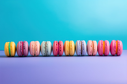Colorful macarons dessert in a row on blue background, a Food & Drink Photo by AlyaAnd