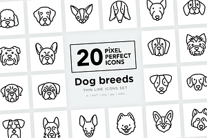 Dog Breeds 20 Thin Line Icons Set