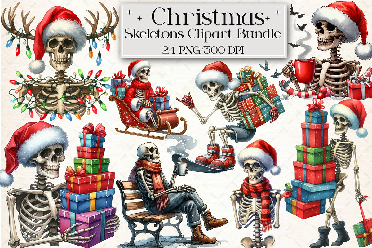 Christmas Skeletons Clipart Bundle, an Illustration by Libby Wishes (Photo 1 of 6)
