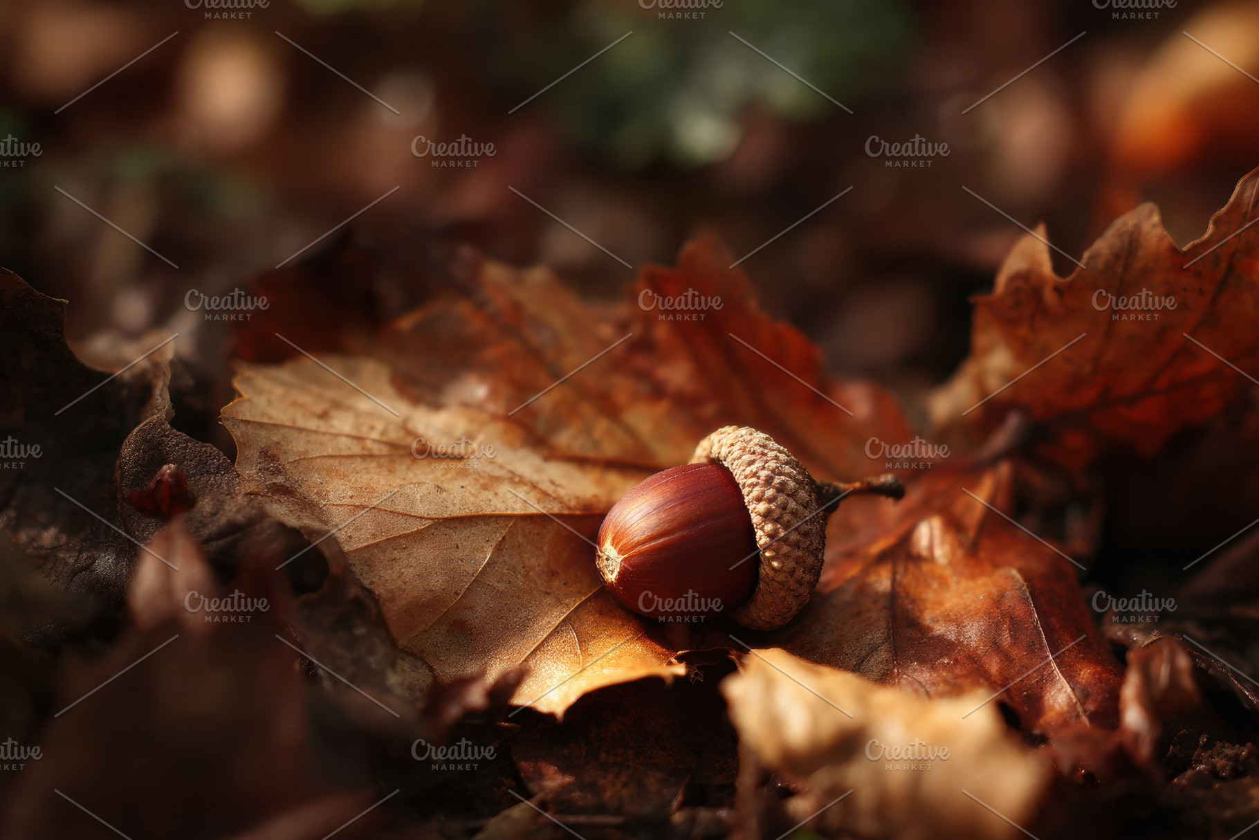 Fallen Acorn on Leaves, a Nature Photo by Virgo Studio