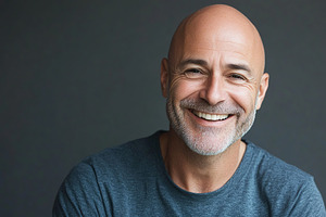Portrait of middle age bald man on grey background, a Person Photo by AlyaAnd