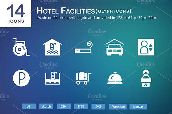 14 Hotel Facilities Glyph Icons