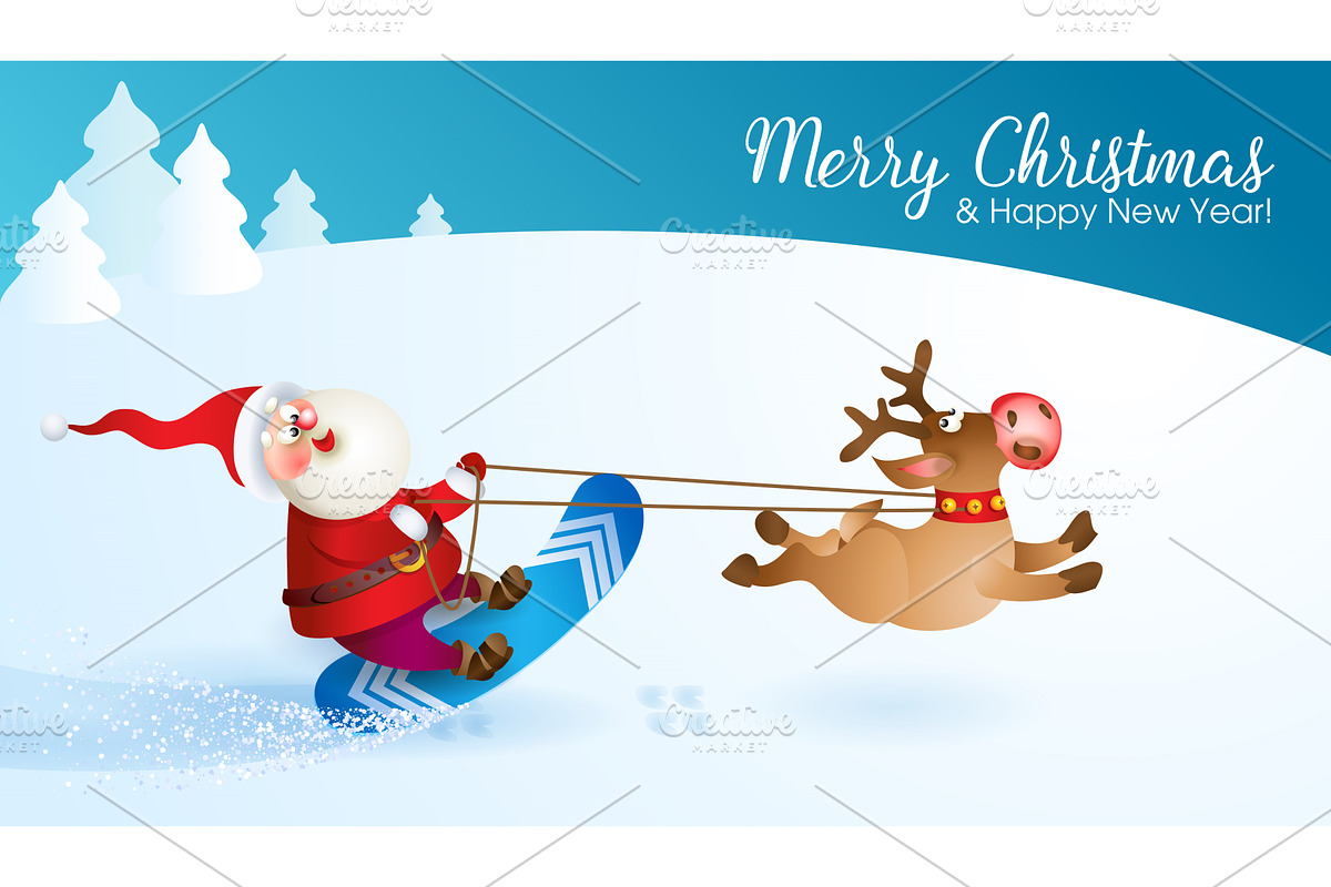 Santa snowboarding with Reindeer, an Object Illustration by Valenty