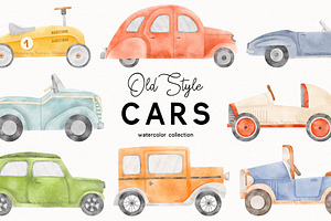 Watercolor race and retro car set