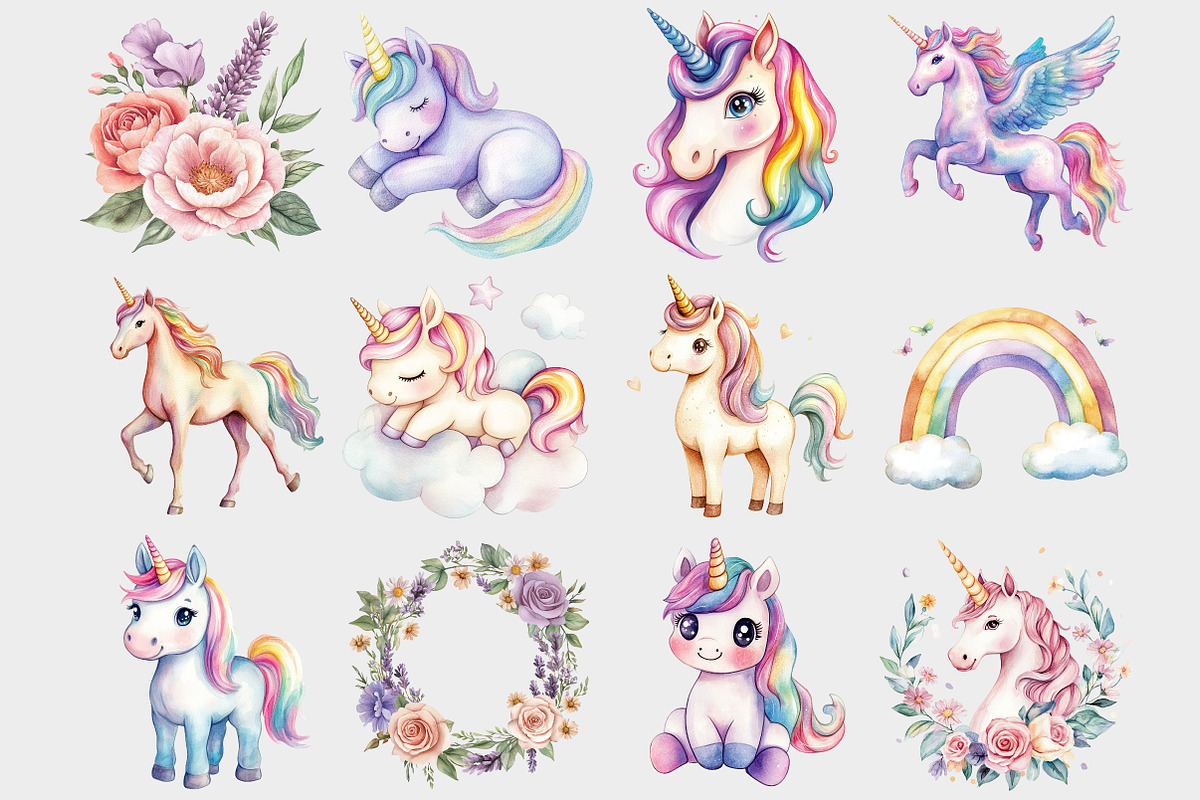 Watercolor Pastel Unicorn Clipart, a Seasonal Illustration by Design Market (Photo 3 of 5)