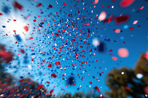 Colorful confetti bursts in the sky, a Photo by Tanuart