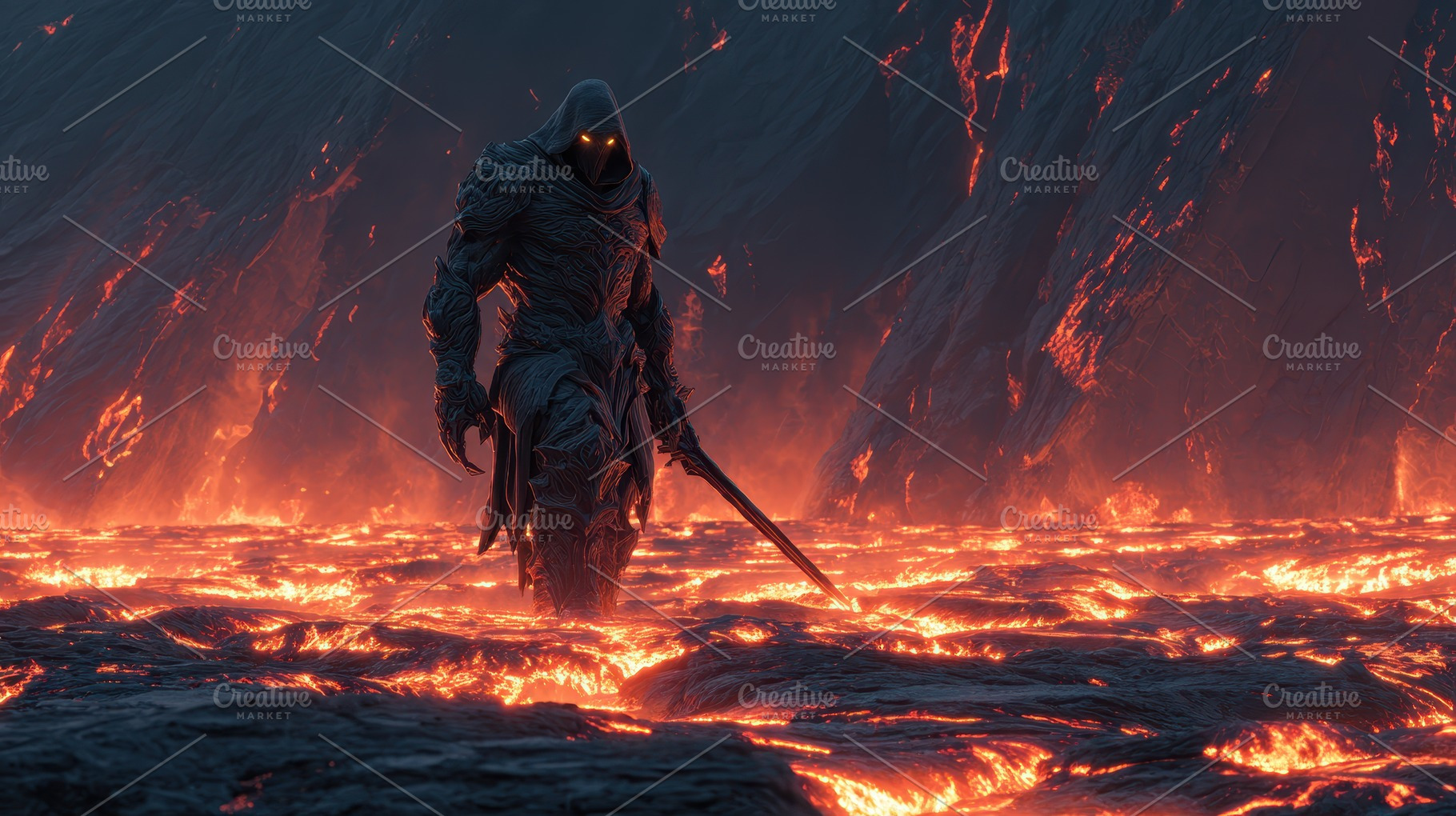 Dark Hooded Figure Lava Landscape Fa, a Photo by Pixeness Studio