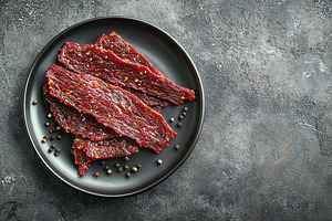 Spicy beef jerky on grey background, a Food & Drink Photo by AlyaAnd