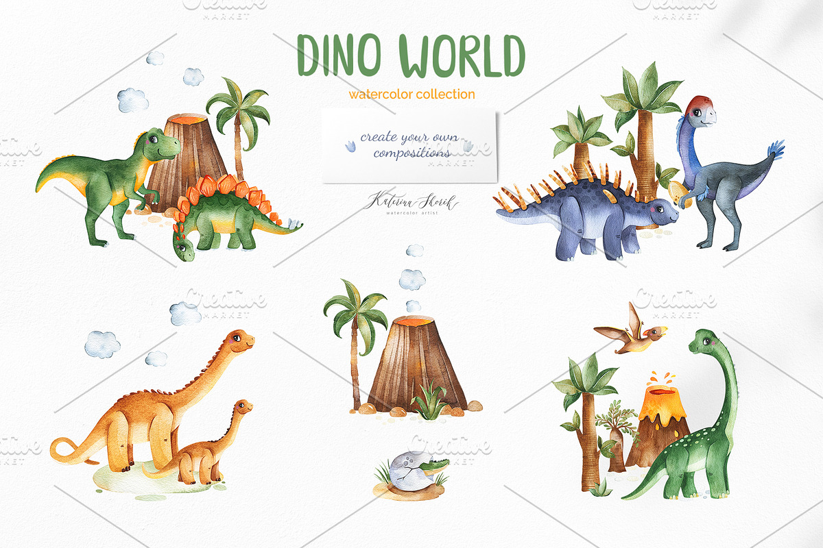 Dino World. Watercolor collection., an Animal Illustration by Kate_Rina (Photo 12 of 16)