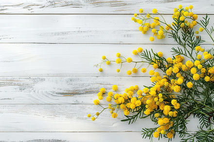 Mimosa flowers with copyspace for text on wooden table, a Nature Photo by AlyaAnd