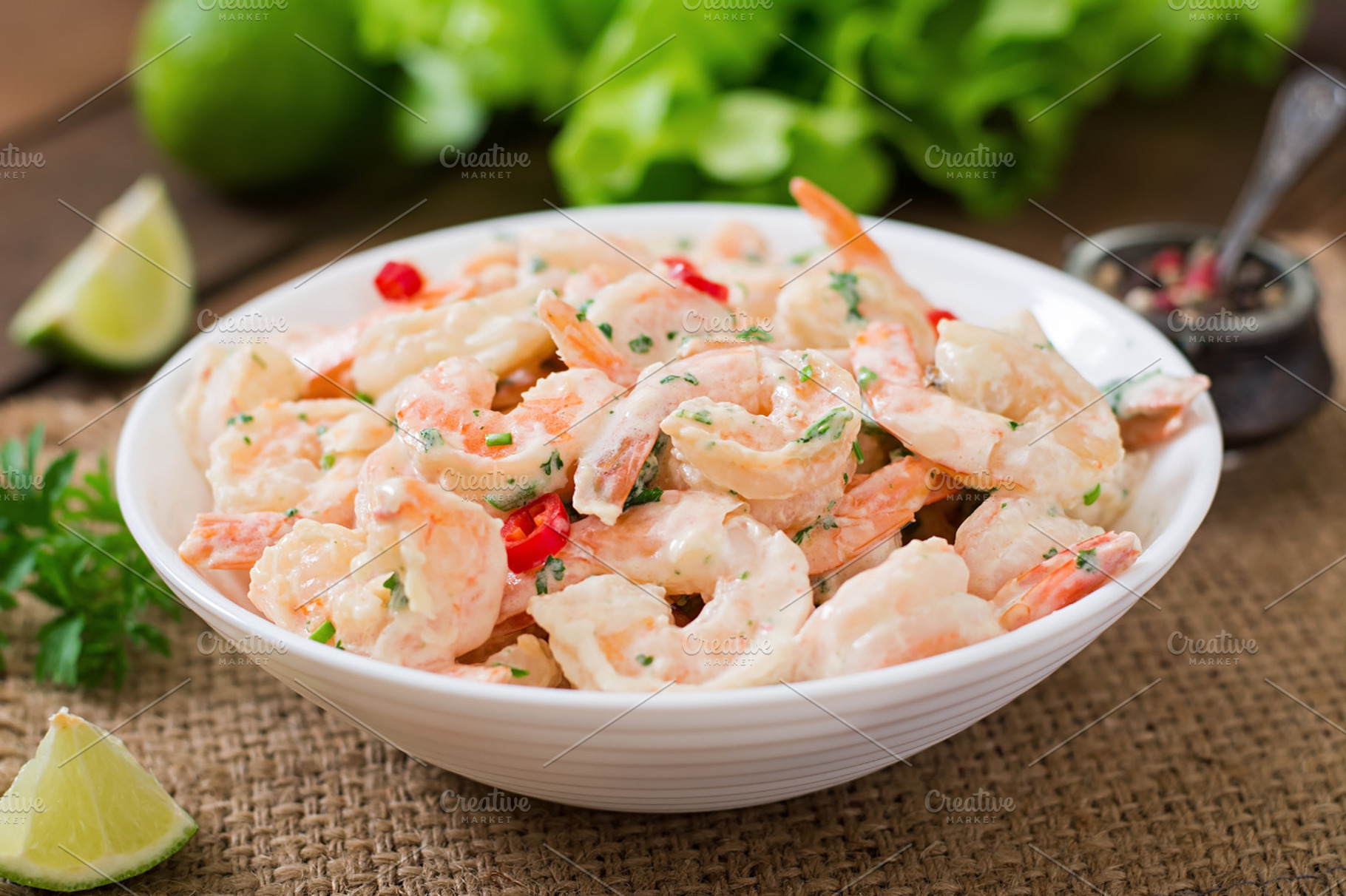 Shrimp in a creamy garlic sauce featuring shrimp, butter, and cooking, a Food & Drink Photo by timolina
