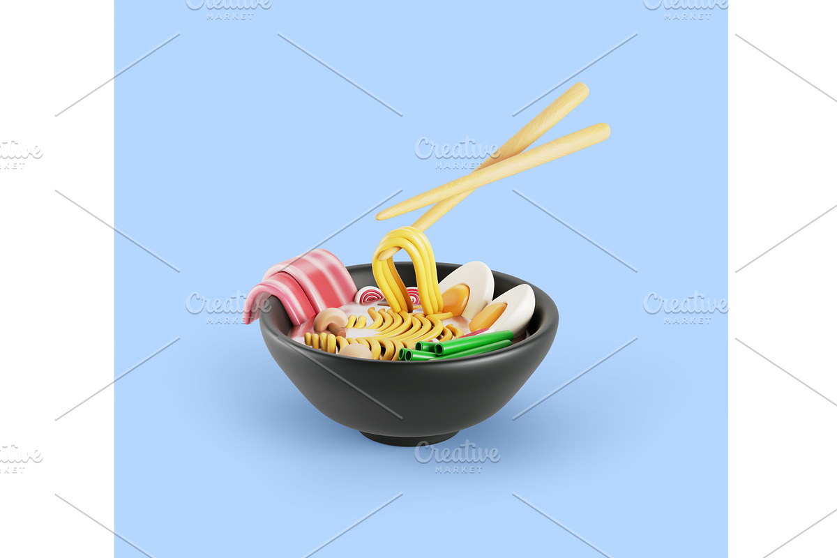 Noodle with chopsticks in black bowl, a Food & Drink 3D Model by Marozhkastudio