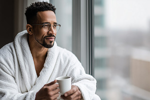 Man in a cozy white robe enjoys, a Person Photo by MistyDay