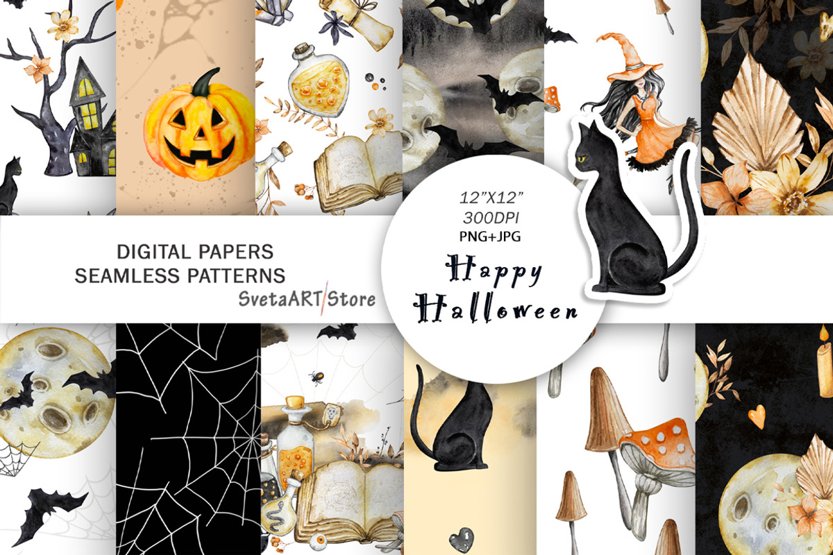 Watercolor Halloween Patterns, a Pattern Graphic by SvetaArtStore (Photo 1 of 5)