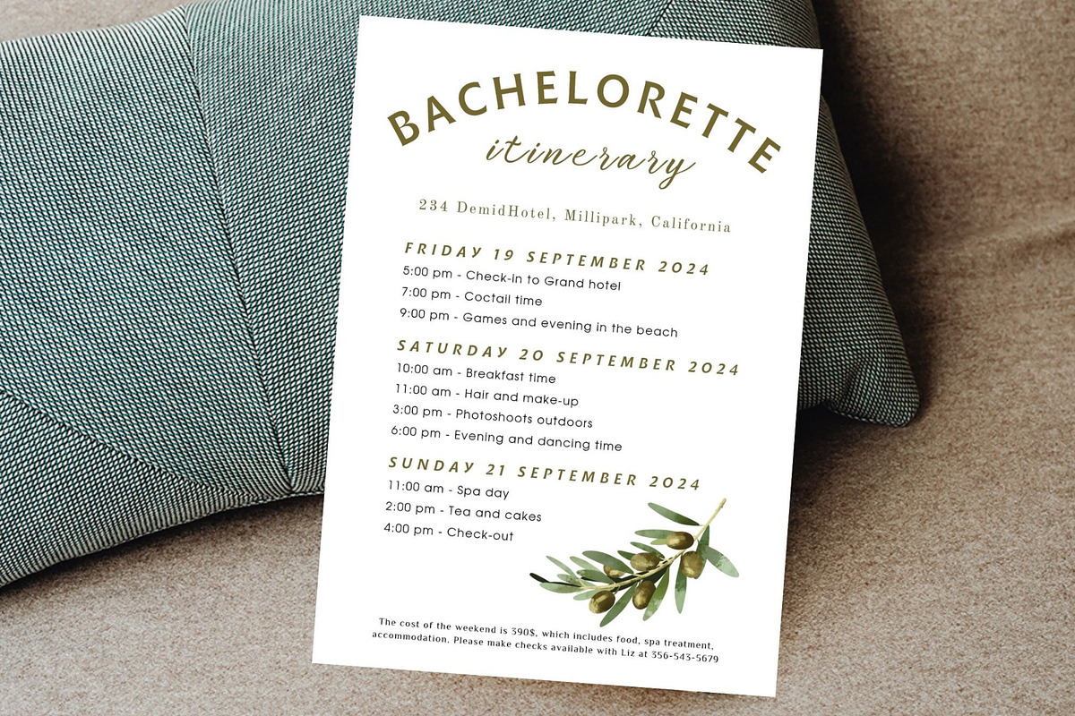 Olives Bachelorette itinerary card, a Stationery Template by EvaTemplates (Photo 1 of 9)